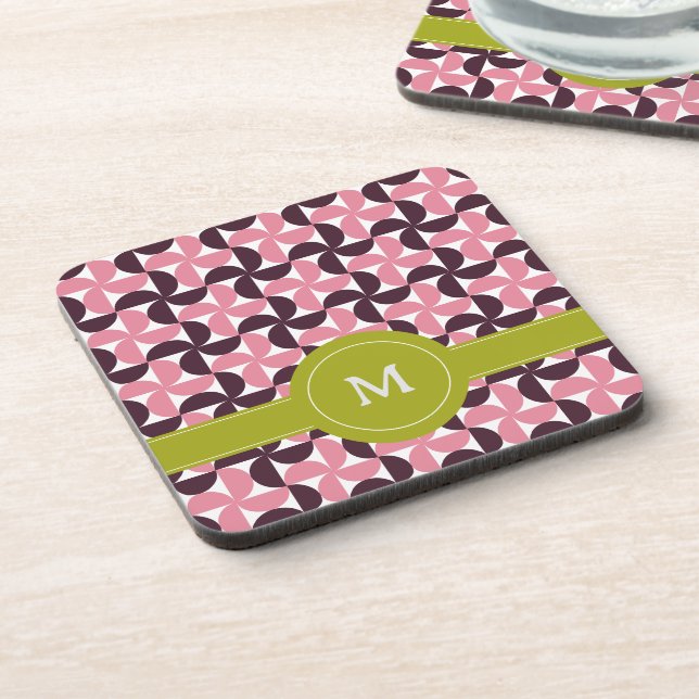 Geometric Pink Burgundy Floral Green Lime Monogram Beverage Coaster (Left Side)
