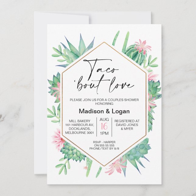 Geometric Pink Cactus Taco Bout Love Bridal Shower Invitation (Front)