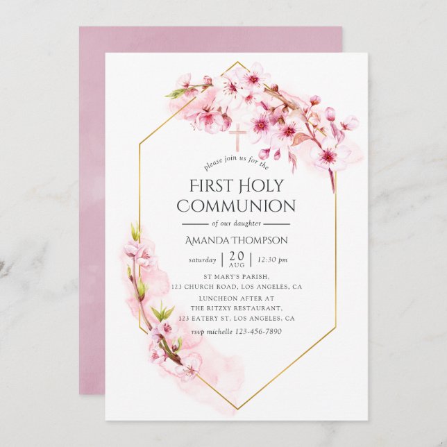 Geometric Pink Cherry Blossom First Communion Invitation (Front/Back)