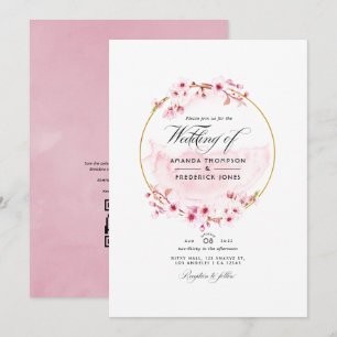 Geometric Pink Cherry Blossom QR Code RSVP Wedding Invitation