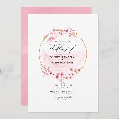Geometric Pink Cherry Blossom QR Code RSVP Wedding Invitation