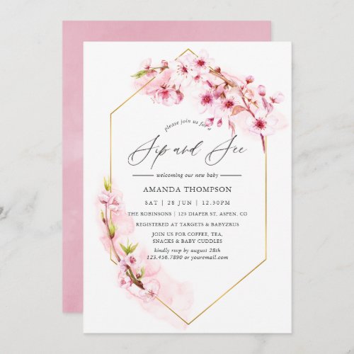Geometric Pink Cherry Blossom Sip and See Party Invitation