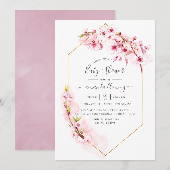 Geometric Pink Cherry Blossom Spring Baby Shower Invitation (Front/Back)