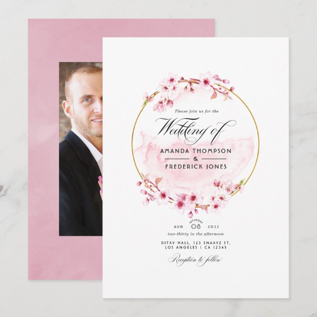Geometric Pink Cherry Blossom Spring Wedding Photo Invitation (Front/Back)
