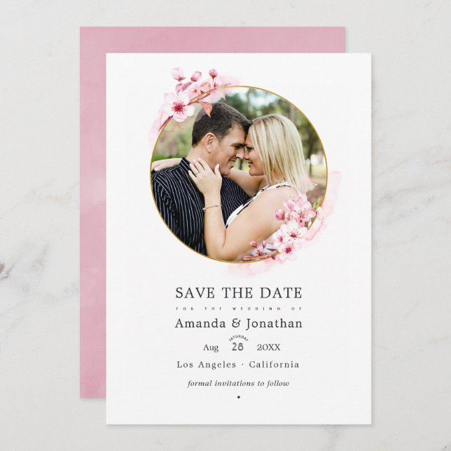 Geometric Pink Cherry Blossom Spring Wedding Photo Save The Date (Front/Back)