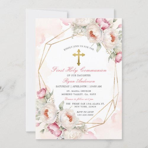 Geometric Pink Floral First Holy Communion Invitation