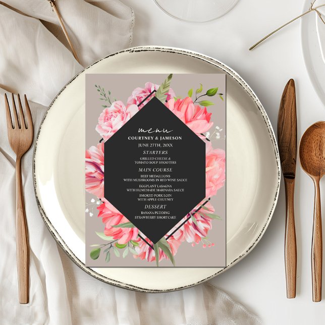 Geometric Pink Floral Gray Wedding Menu (Creator Uploaded)