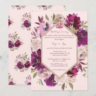Geometric Pink Floral Hindu Ganesh Wedding Invitation
