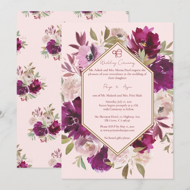 Geometric Pink Floral Sikh Ik Onkar Wedding Invitation (Front/Back)