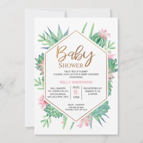 Geometric Pink Flowering Cactus Baby Shower  Invitation