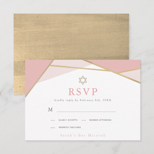 Geometric Pink & Gold Bat Mitzvah RSVP Card (Front/Back)