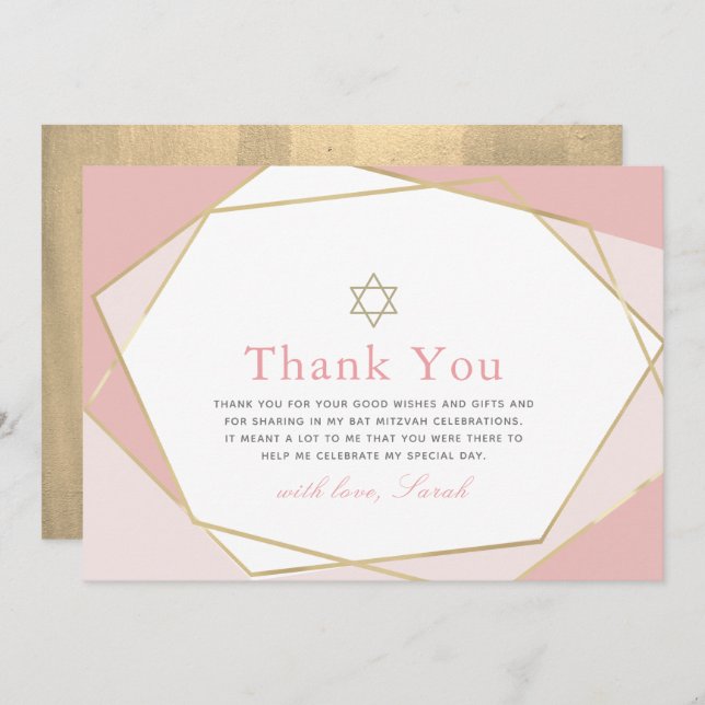 Geometric Pink & Gold Bat Mitzvah Thank You Card (Front/Back)