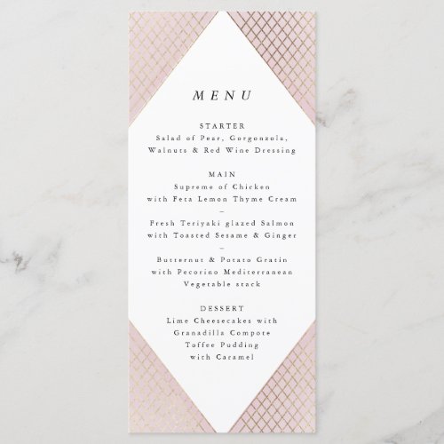 Geometric Pink Gold Gatsby Tall Wedding Menu