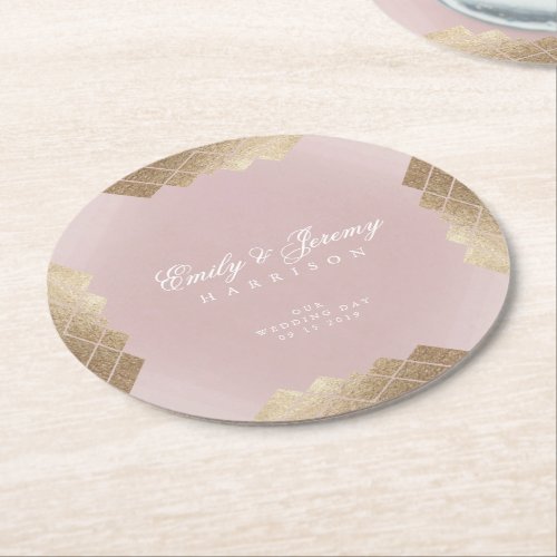 Geometric Pink Gold Gatsby Wedding Table Coaster