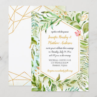 Geometric Pink Green Gold Botanicals Wedding Invitation