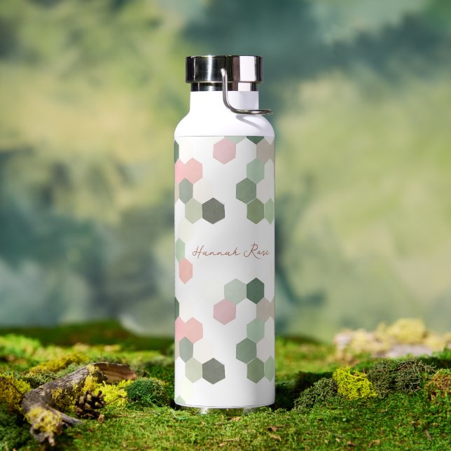 Geometric Pink & Green Honeycomb | Monogram Water Bottle (Outdoor)