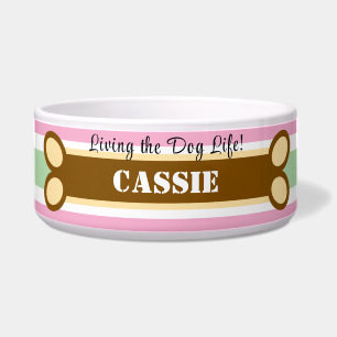 Geometric Pink Green Stripes Dog Bone Name Bowl