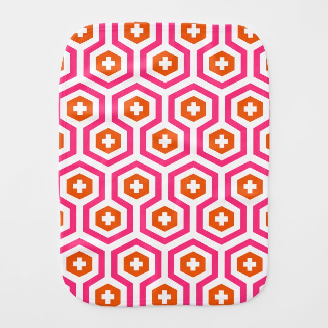 Geometric Pink Orange Hexagon & Cross Pattern Burp Cloth (Front)