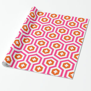 Geometric Pink Orange Hexagon & Cross Pattern Wrapping Paper