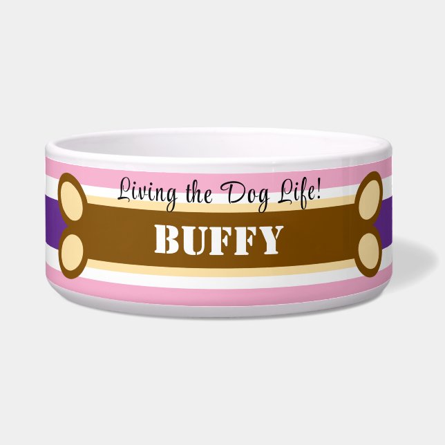 Geometric Pink Purple White Stripes Dog Bone Name Bowl (Front)