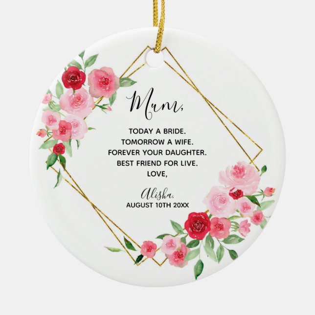 Geometric Pink Rose Bridal Bridesmaid Ceramic Ornament (Front)