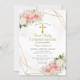 Geometric Pink Roses First Holy Communion Invitation
