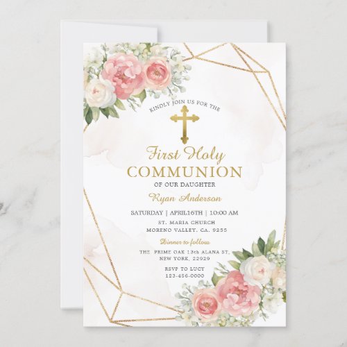 Geometric Pink Roses First Holy Communion  Invitation