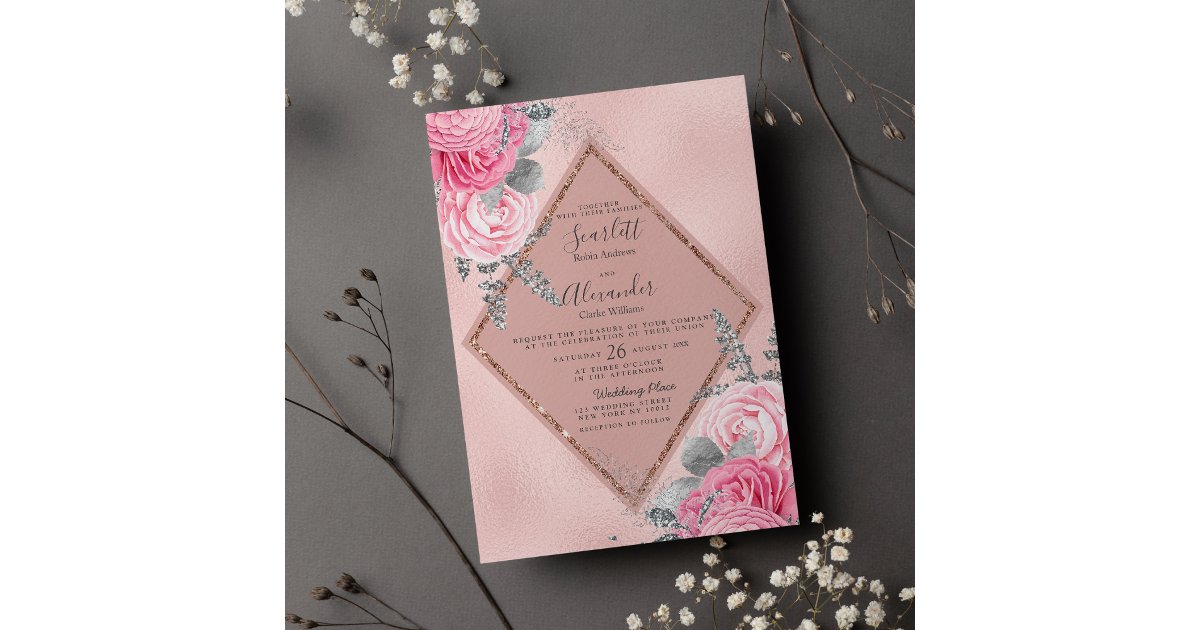 Geometric pink silver rose gold floral wedding invitation | Zazzle
