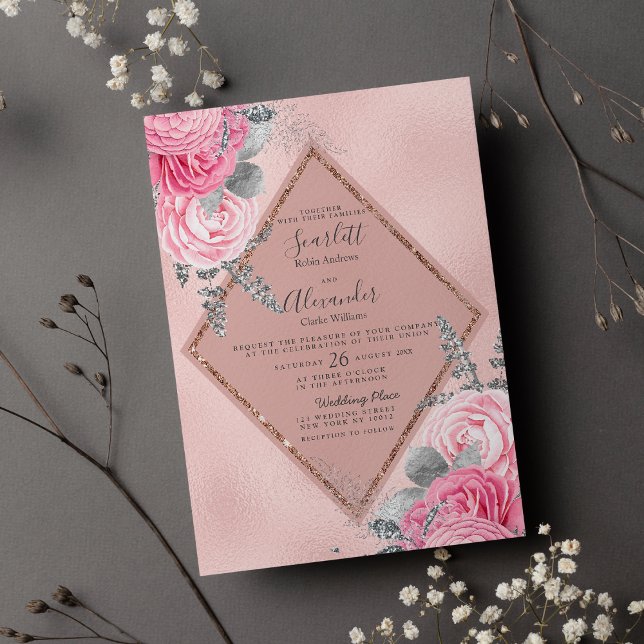 Geometric pink silver rose gold floral wedding invitation (Geometric pink silver rose gold floral wedding )