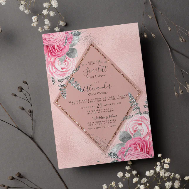 Geometric pink silver rose gold floral wedding invitation | Zazzle