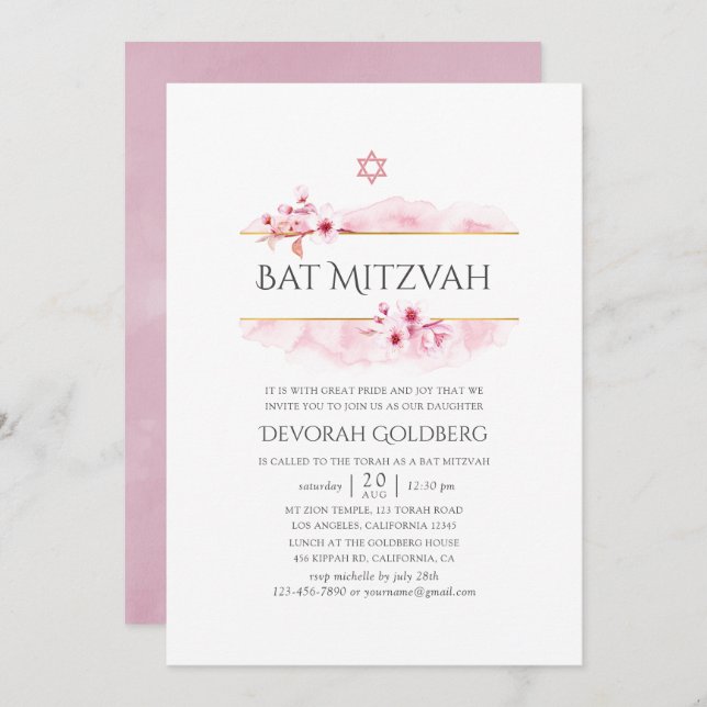 Geometric Pink Spring Blossom Bat Mitzvah Invitation (Front/Back)