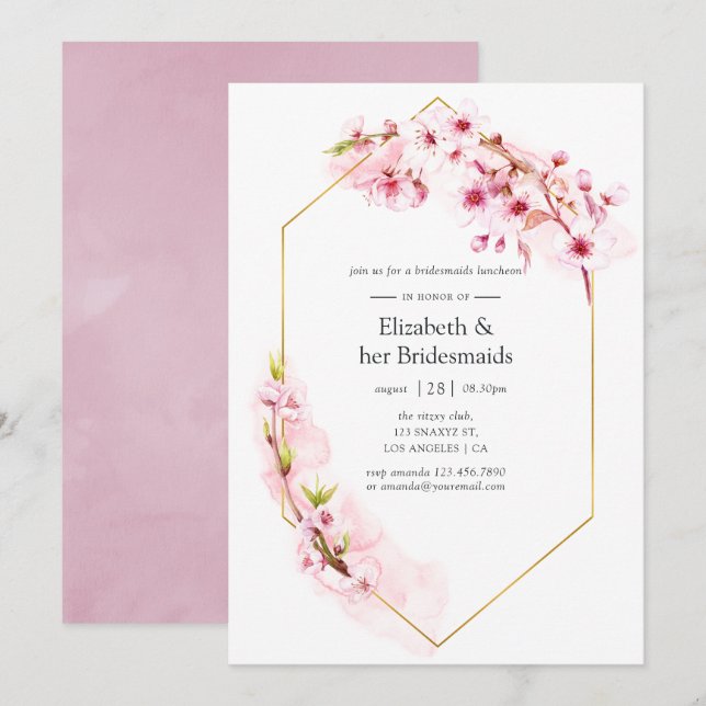 Geometric Pink Spring Blossom Bridesmaids Luncheon Invitation (Front/Back)