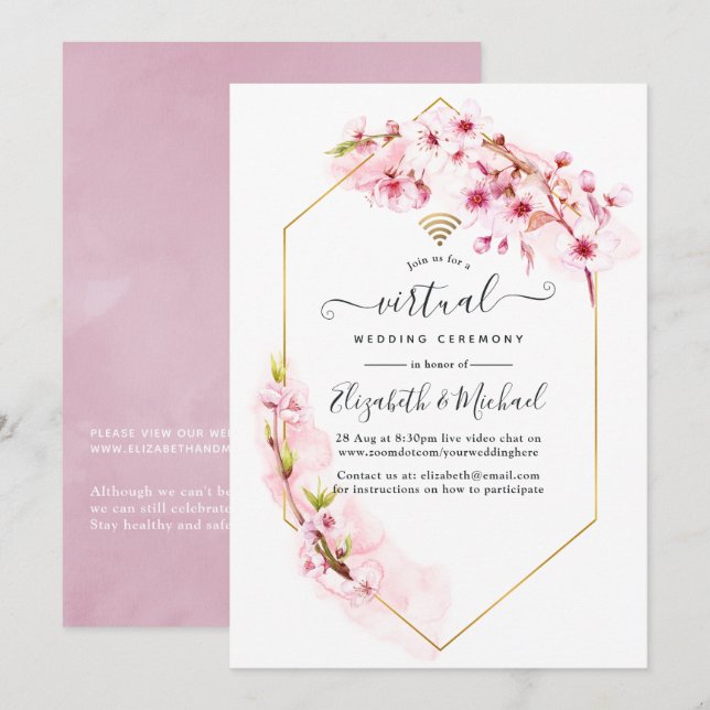 Geometric Pink Spring Blossom Virtual Wedding Invitation (Front/Back)