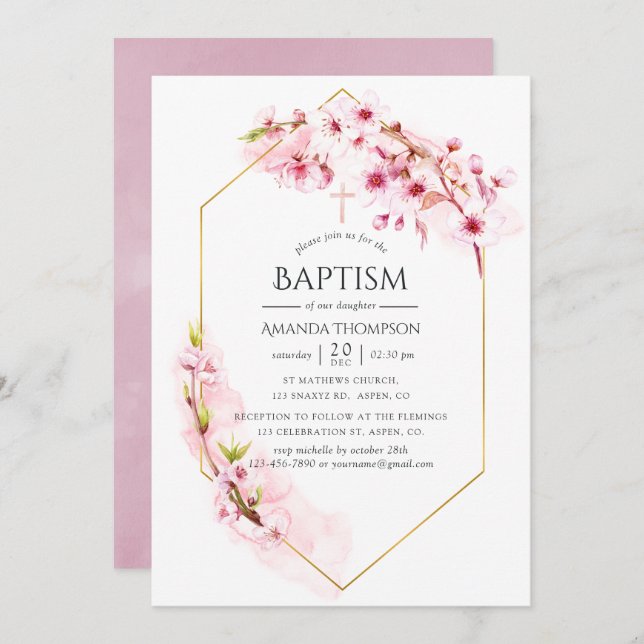 Geometric Pink Spring Cherry Blossom Baptism Invitation (Front/Back)