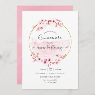 Geometric Pink Spring Cherry Blossom Quinceañera Invitation