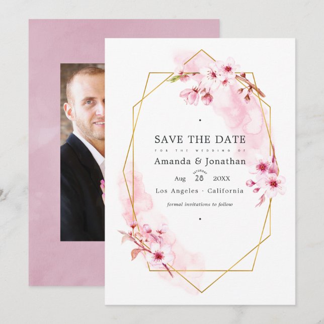 Geometric Pink Spring Cherry Blossom Wedding Photo Save The Date (Front/Back)
