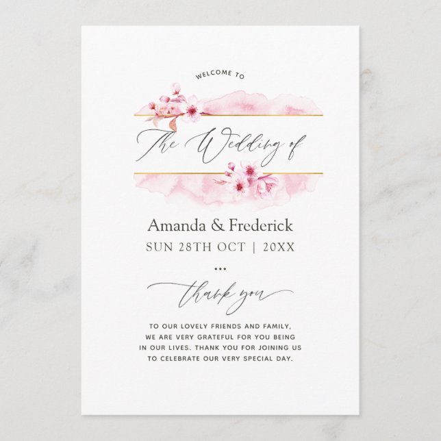 Geometric Pink Spring Cherry Blossom Wedding Program (Front)