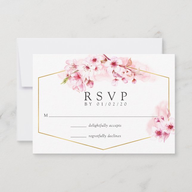 Geometric Pink Spring Cherry Blossom Wedding RSVP Card (Front)