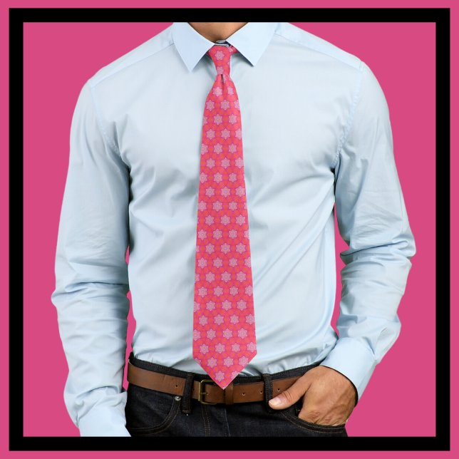 Geometric Pink Stars Orange & Pink Hexagon Pattern Neck Tie (Creator Uploaded)
