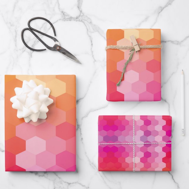 Geometric Pink & Yellow Hexagon Modern Gradient Wrapping Paper Sheets (Front)