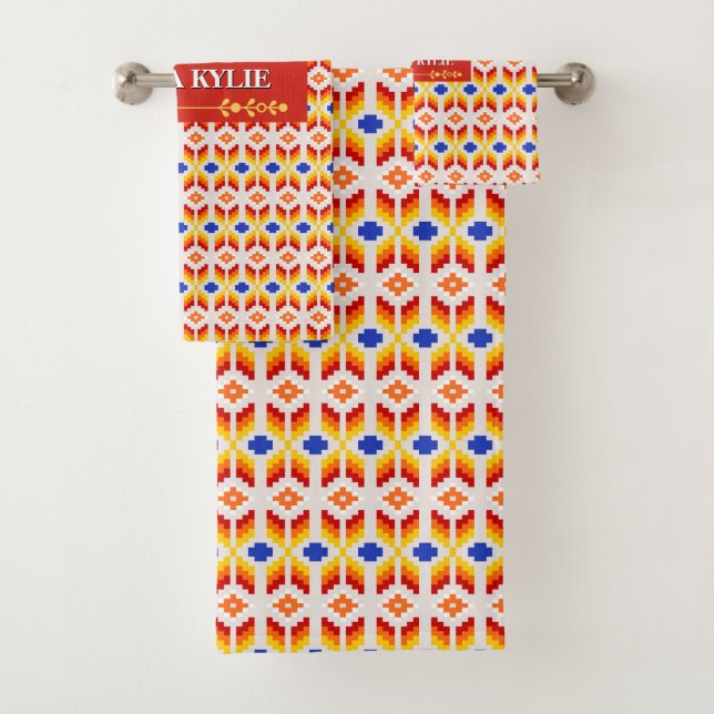 Geometric Pixel Floral Pattern in Red Orange Yello Bath Towel Set (Insitu)