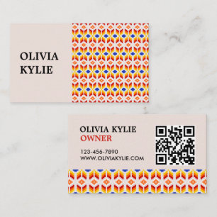 Geometric Pixel Floral Pattern in Red Orange Yello Business Card