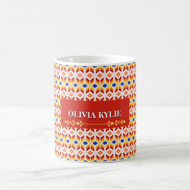 Geometric Pixel Floral Pattern in Red Orange Yello Coffee Mug (Center)