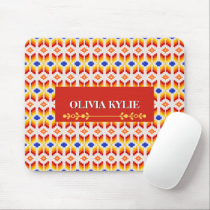 Geometric Pixel Floral Pattern in Red Orange Yello Mouse Pad