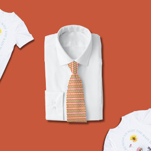 Geometric Pixel Floral Pattern in Red Orange Yello Neck Tie