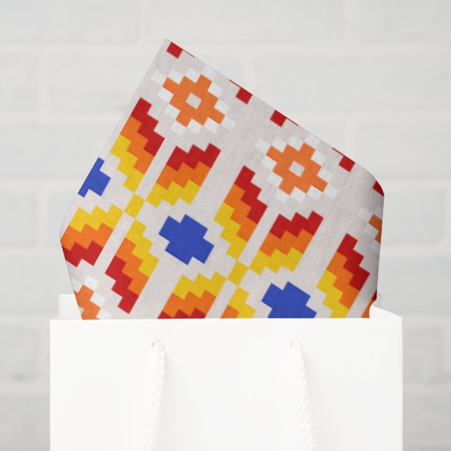 Geometric Pixel Floral Pattern in Red Orange Yello Tissue Paper (Gift Bag)