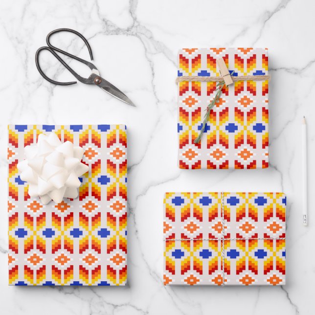 Geometric Pixel Floral Pattern in Red Orange Yello Wrapping Paper Sheets (Front)