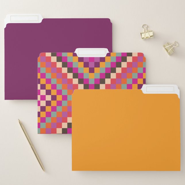 Geometric Pixelated Abstract Pattern Purple Yellow File Folder (Set)