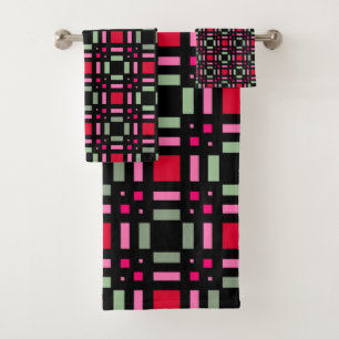 Geometric plaid green red black stripes  bath towel set