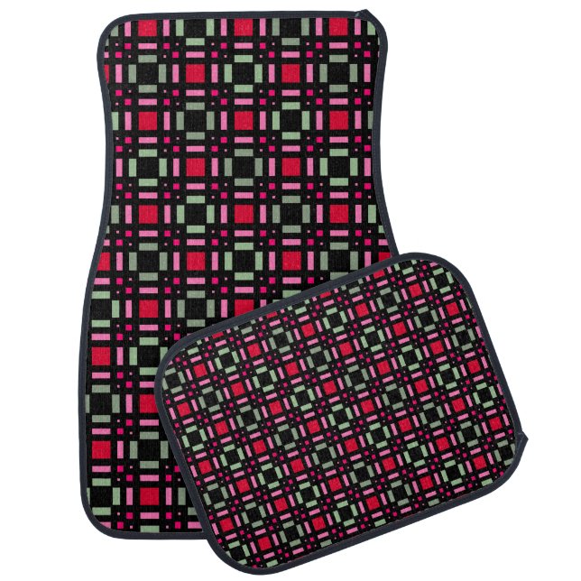 Geometric plaid green red black stripes  car floor mat (Set)